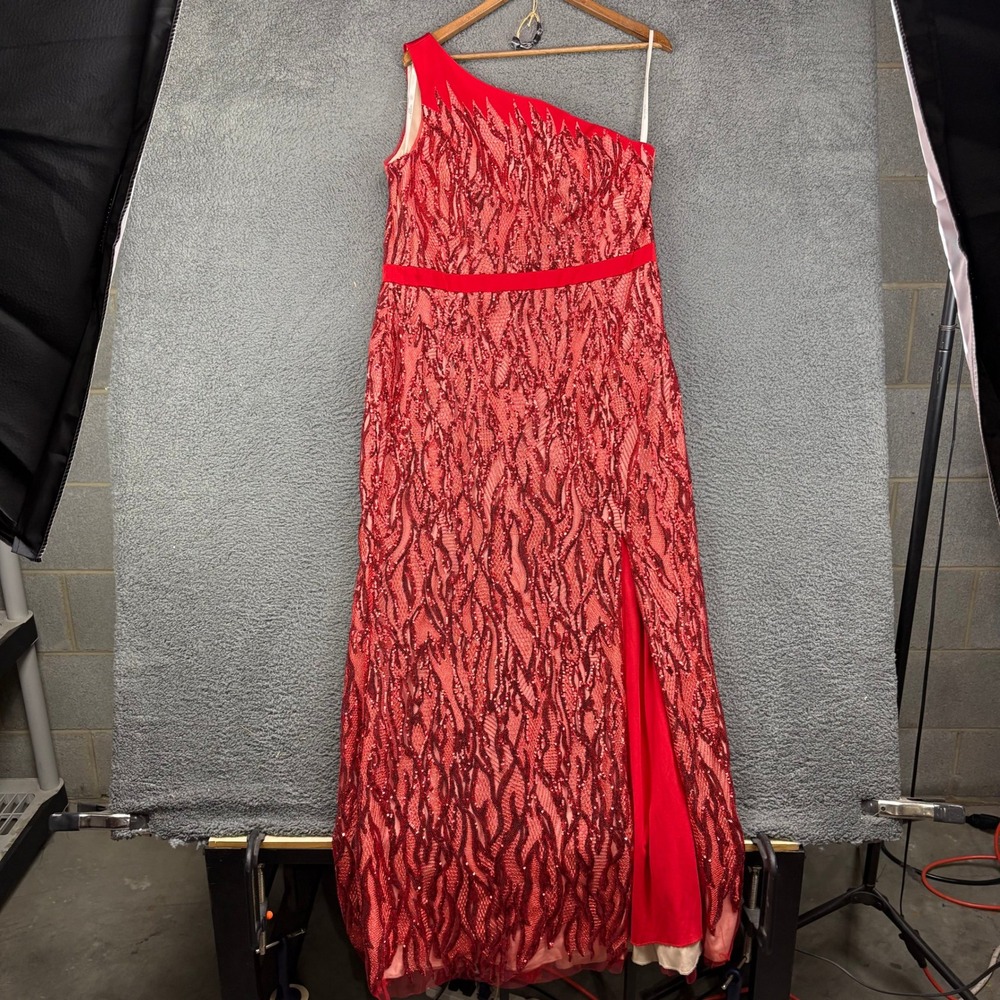Galina Signature Red Sequin One Shoulder Evening Gown Dress Size 16 Slit Formal